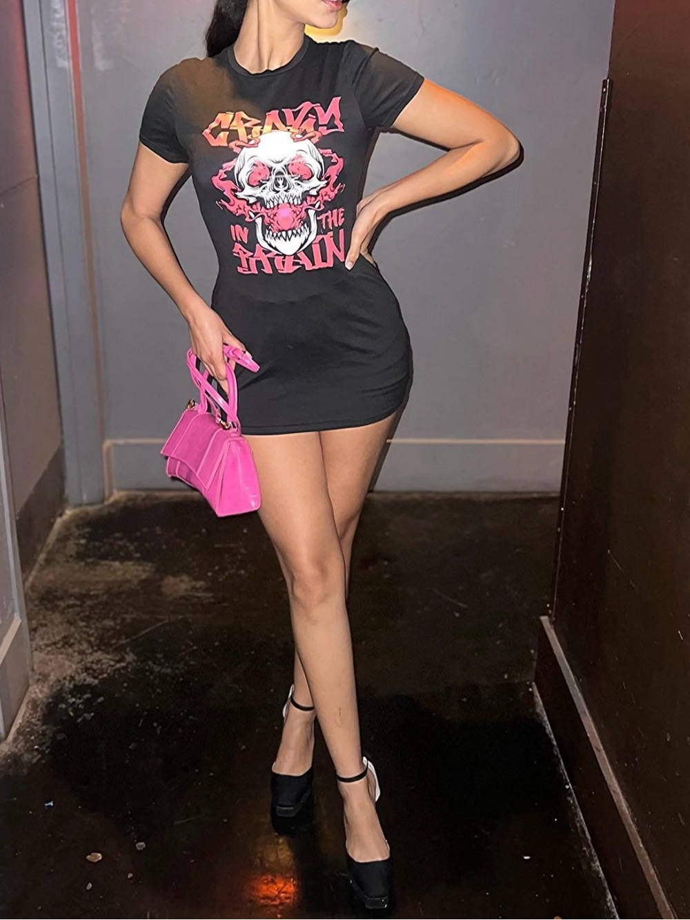 Black Graphic Skull T-Shirt Mini Dress with Pink Accents